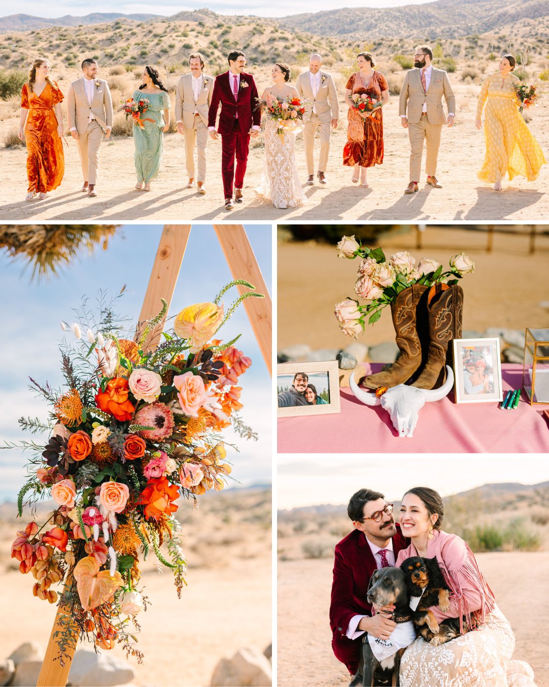 bride, groom and wedding party surrounded by unique desert flora and fauna