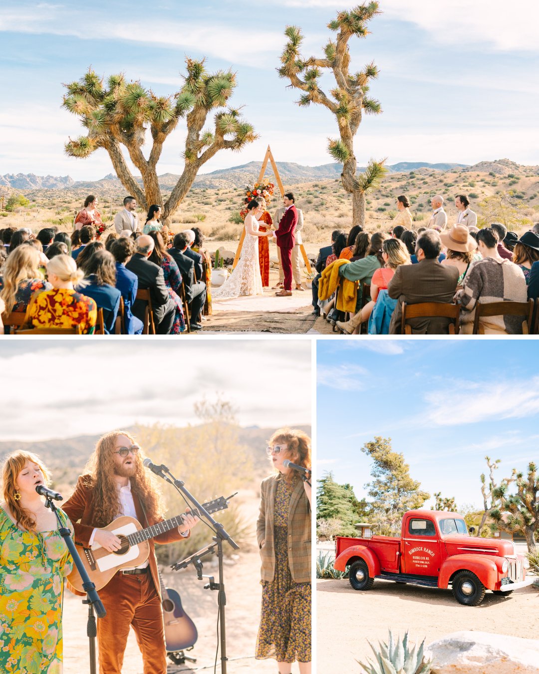 Rustic wedding ceremony at a Joshua Tree, surrounded by cacti and mountains in the distance.