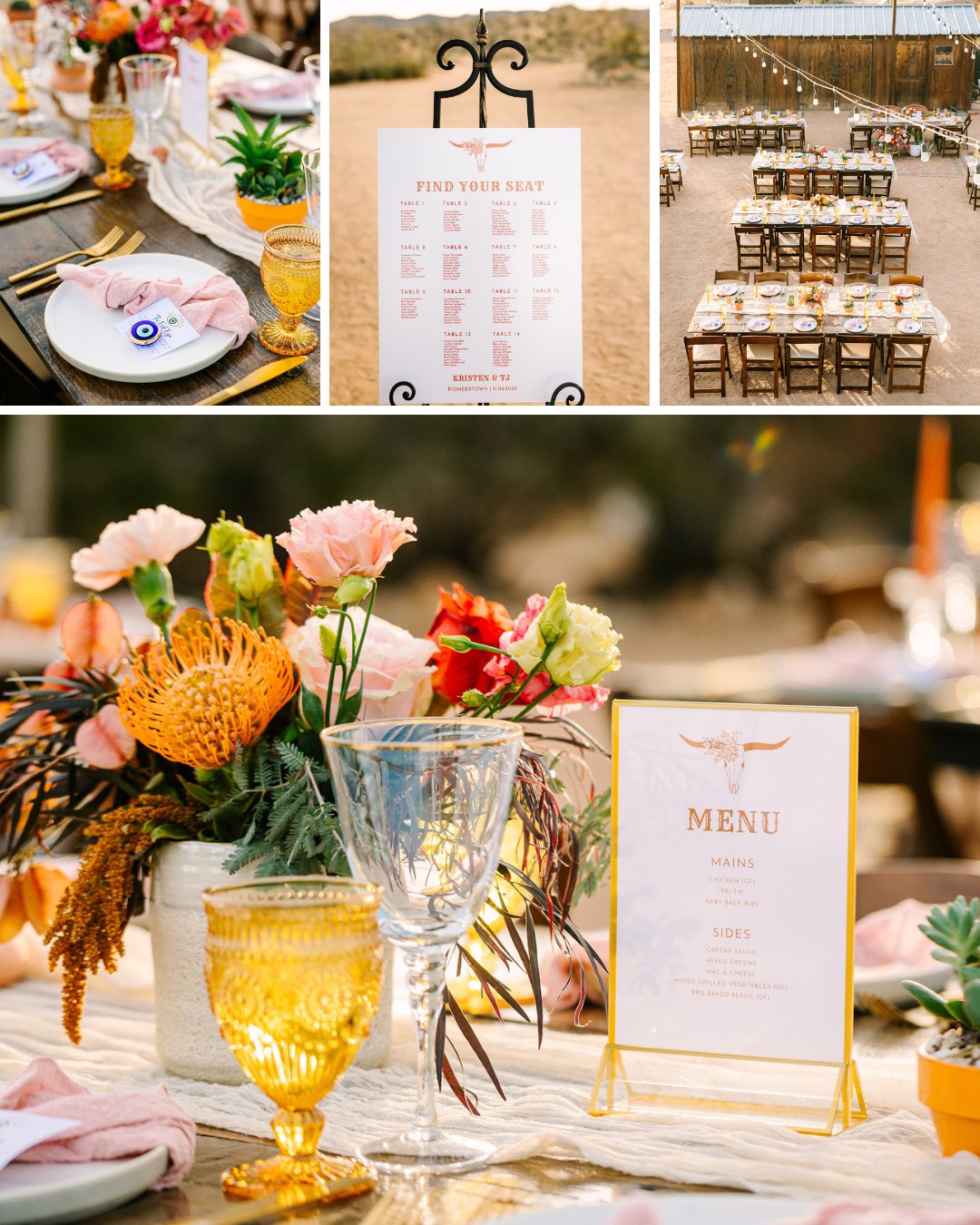 desert themed reception decor, table settings and "find your seat" sign