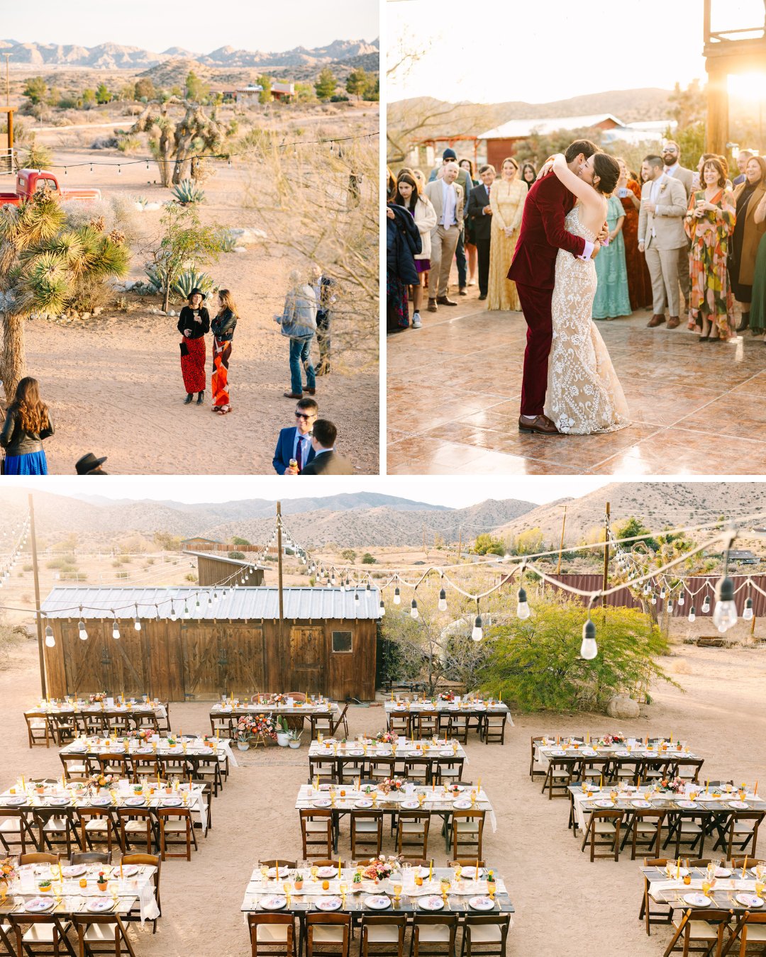 aerial photos of the wedding reception and the couple's first dance just before sunset