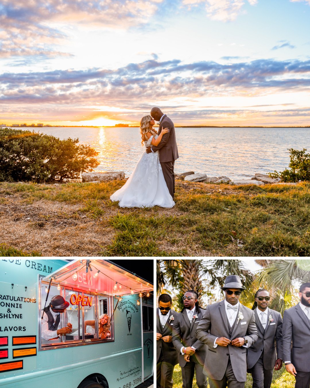 couple by bay at sunset, blue ice cream truck, groom with groomsmen in dark gray