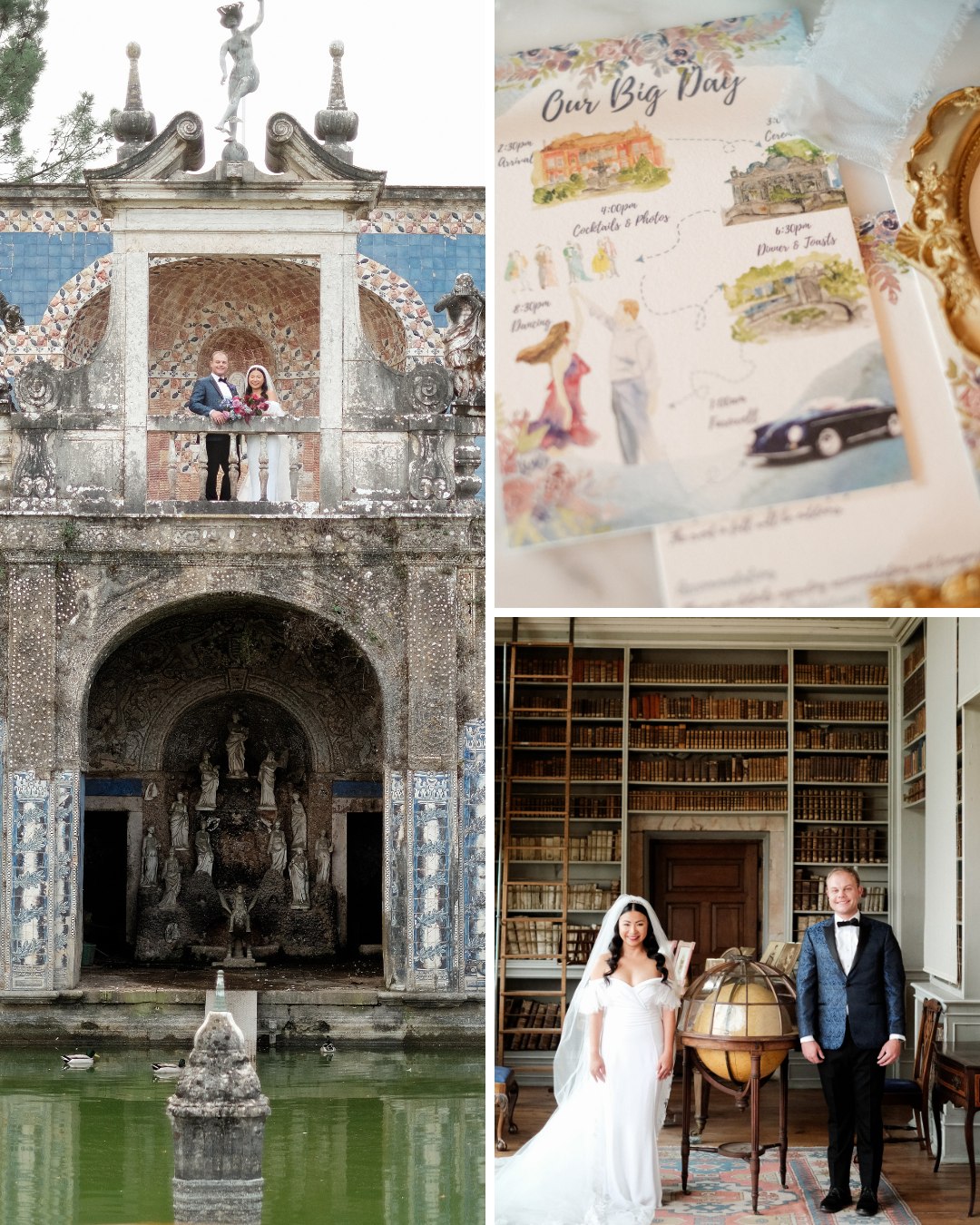 bride and groom stand above palace moat, watercolor stationery, couple in library next to globe