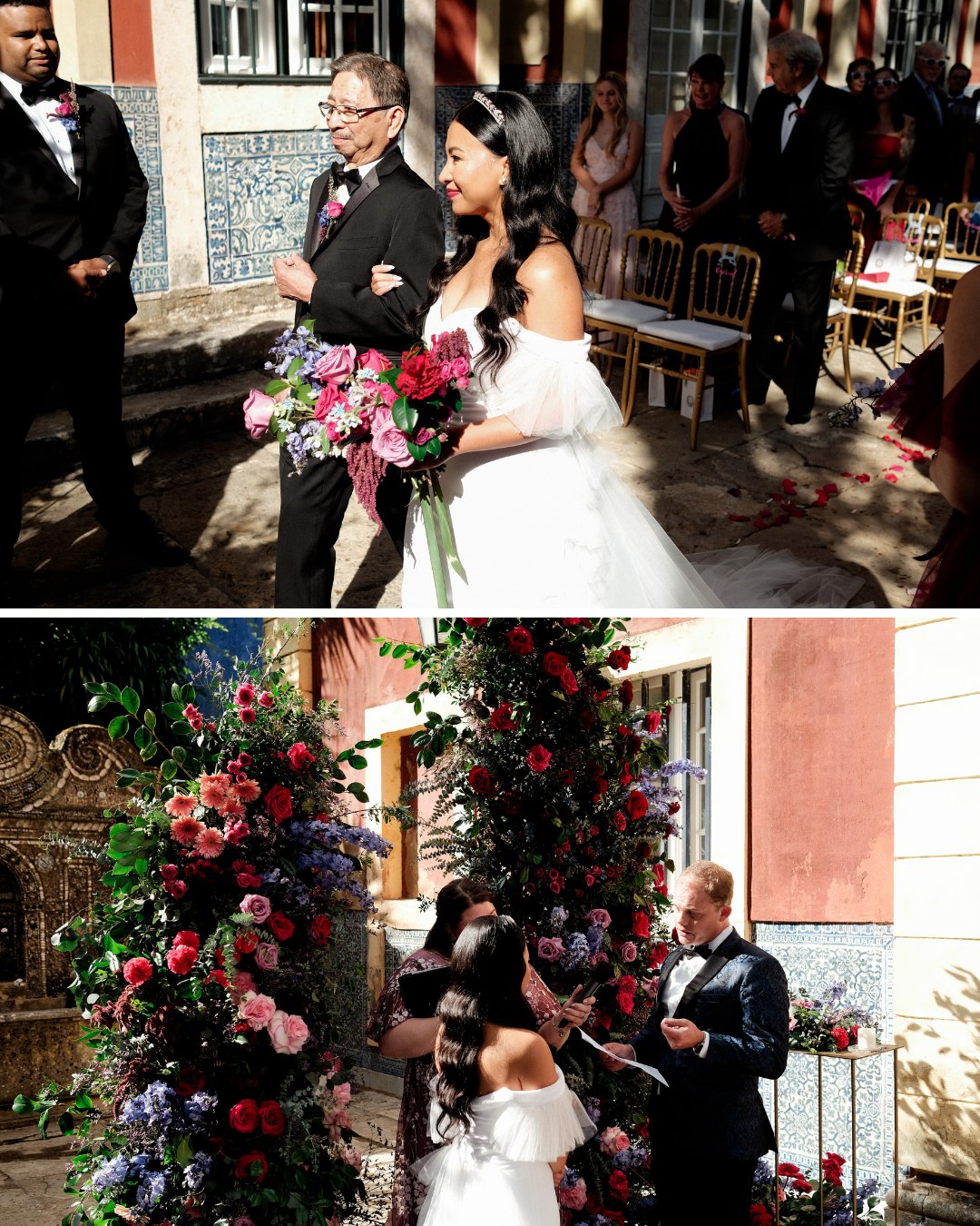 bride walks down aisle with dad holding pink bouquet, couple stand at floral altar