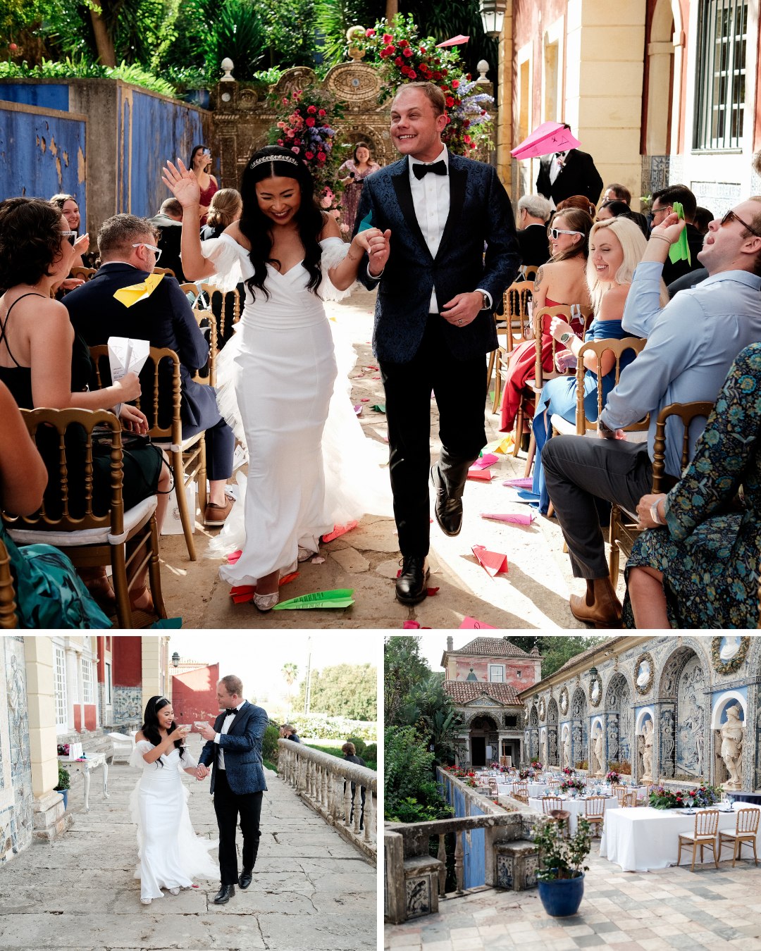 couple walk down aisle while guests throw paper airplanes at them, bride and groom stroll down stone patio, reception setup on palace patio
