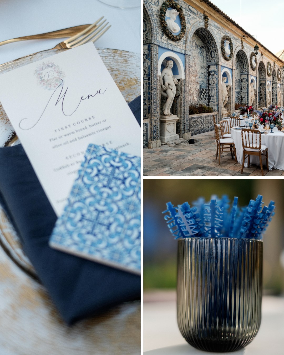 menu card with blue tile, reception setup, cocktail stirrers with couple's names