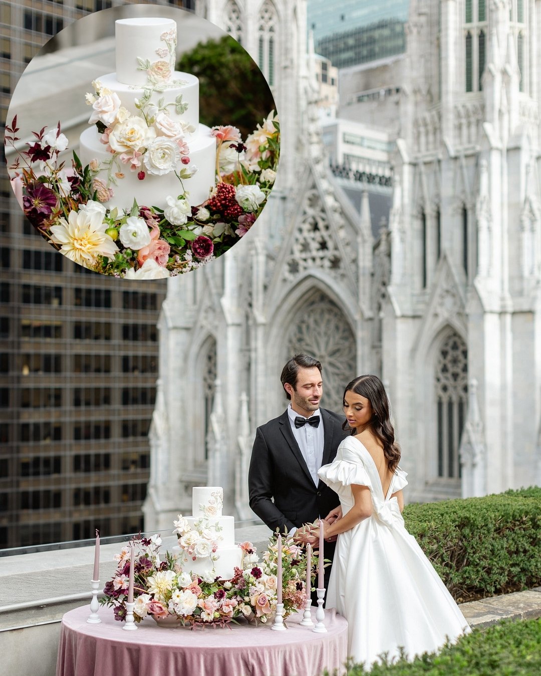 couple stand by their three tiered wedding cake with the St. Patrick's Cathedral in the background