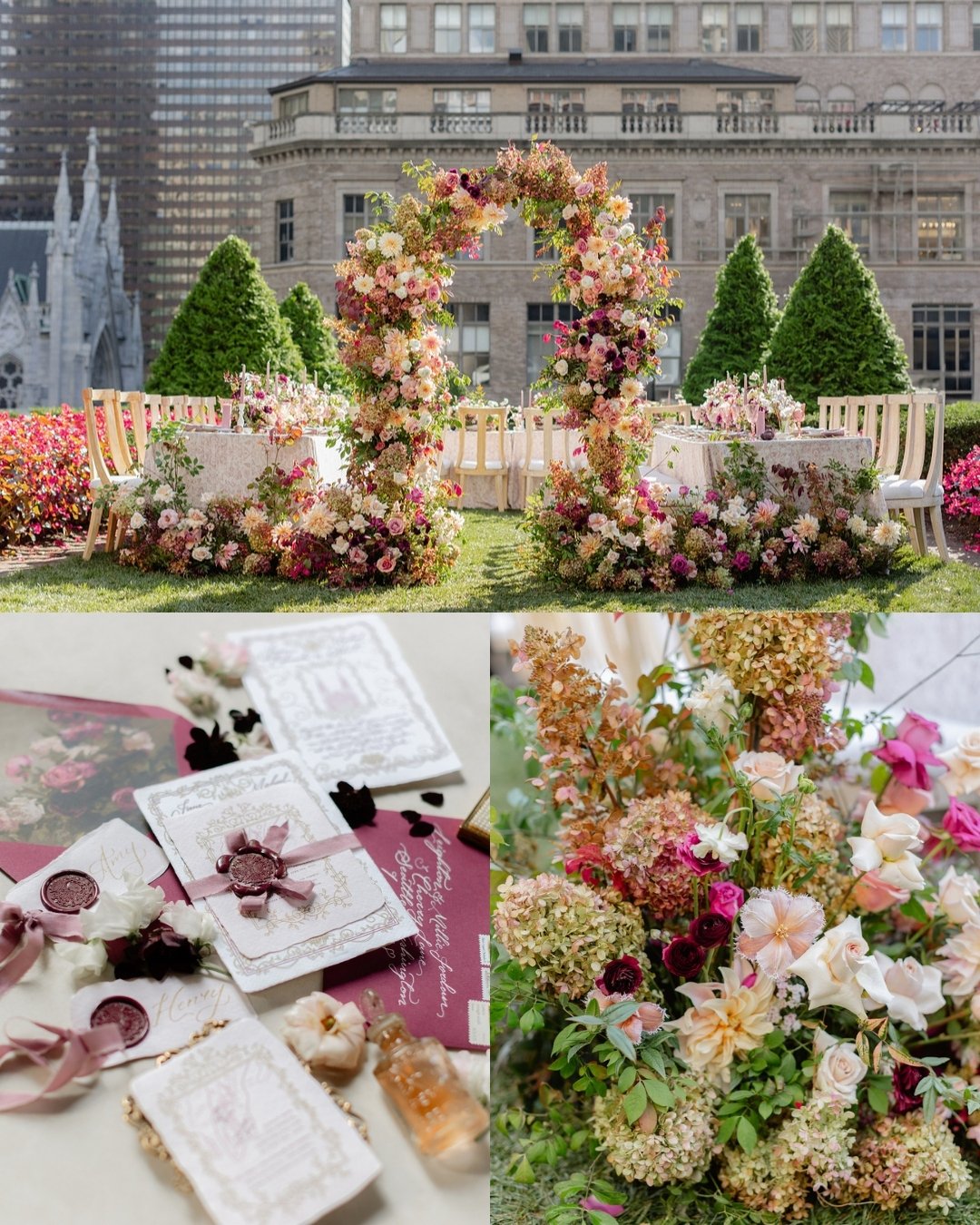 ceremony arch with fall florals acting as the entrance to a wedding reception setup, stationery suit with deep plum accents, ground floral arrangement