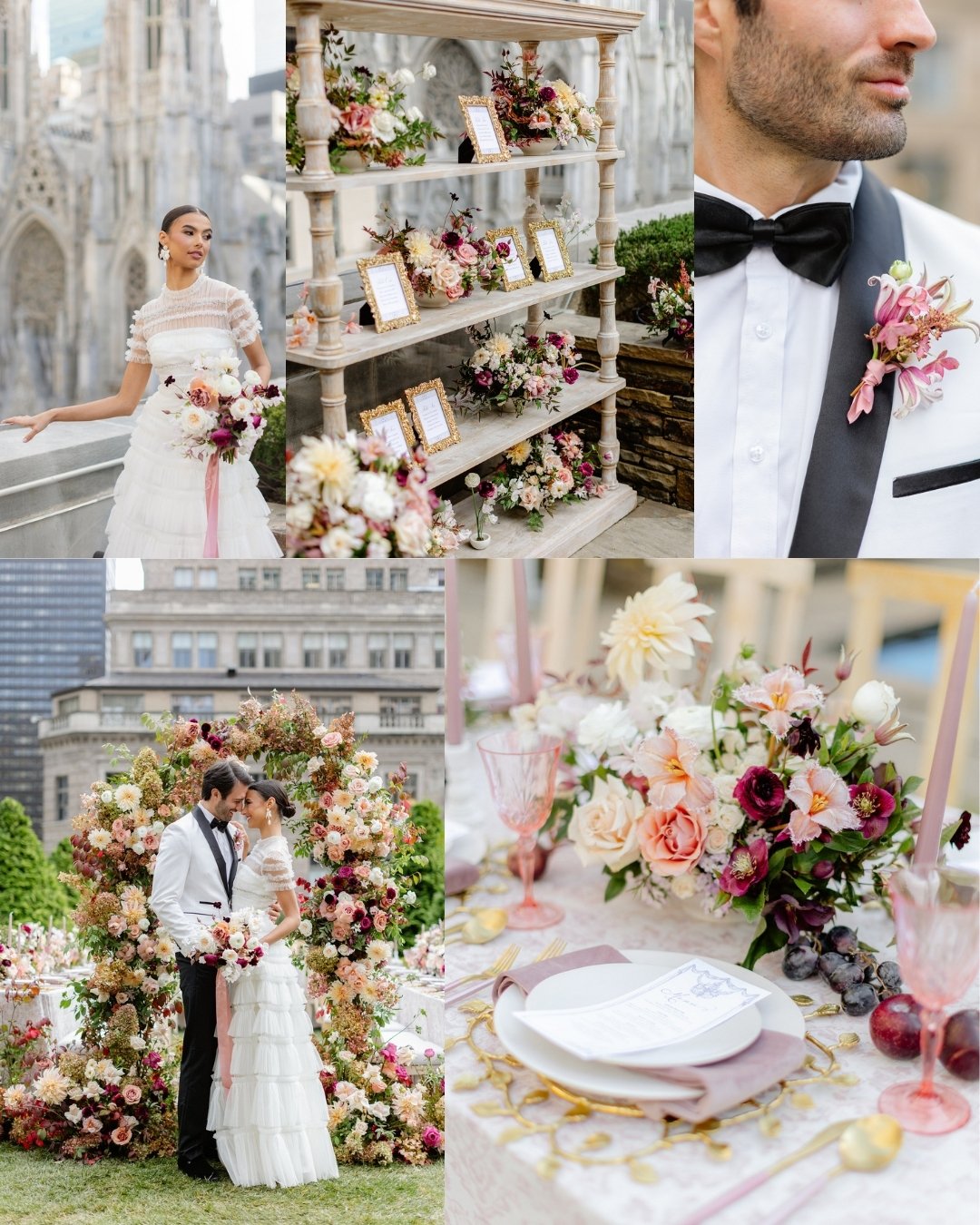 collage of bride and groom at their reception including individual shots of the couple, a table card display, and a table decorated with pink glassware, purple linens and gold leaf placemats 