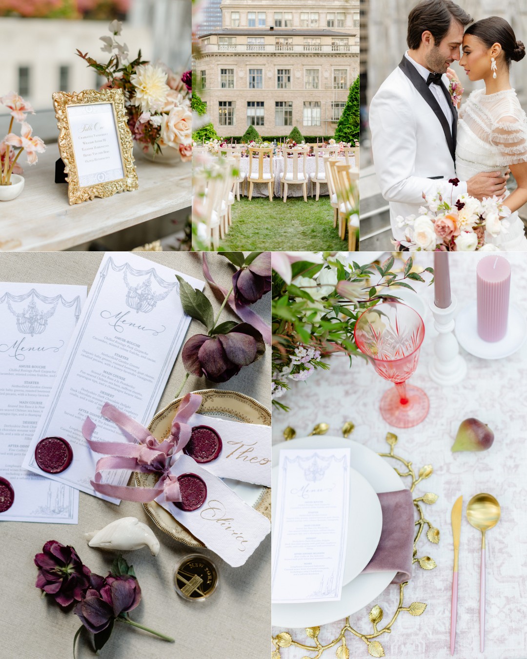 collage of reception elements, couple embracing and stationery including menus