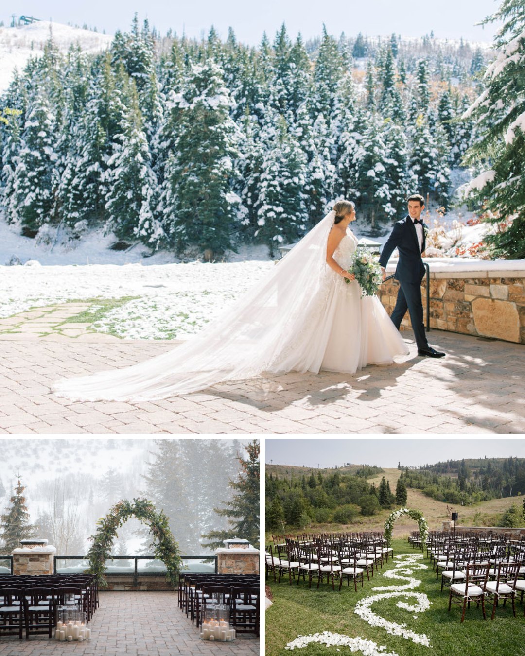 couple walking by trees with some snow hanging on, ceremony set up with floral arch and snowy hill, ceremony setup near mountain base
