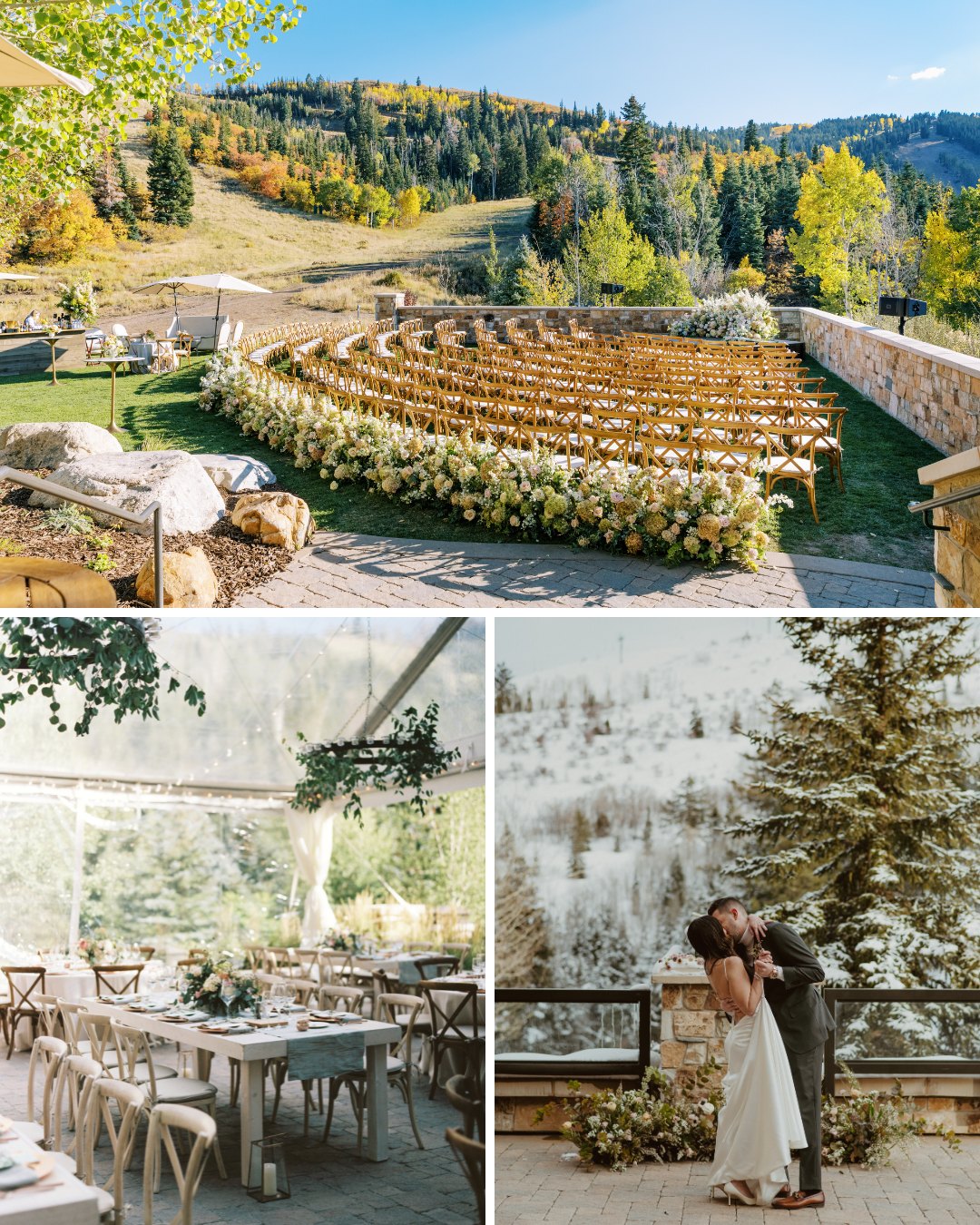 fall ceremony at St.Regis Deer Valley, spring wedding reception tent, couple kiss at altar