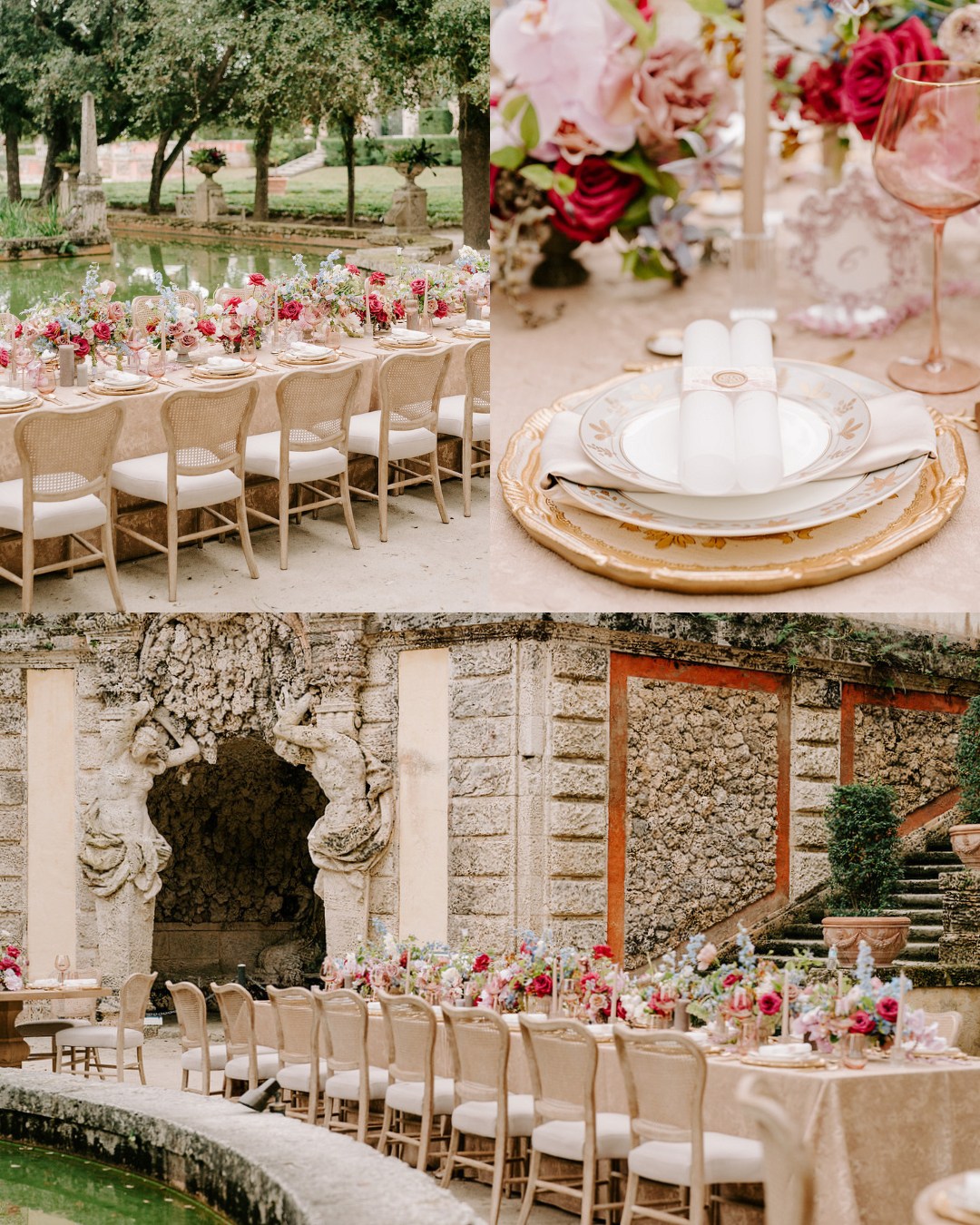collage of wedding reception table with blush linens and pink, red and blue florals set amongst an ornate garden center with a European flare