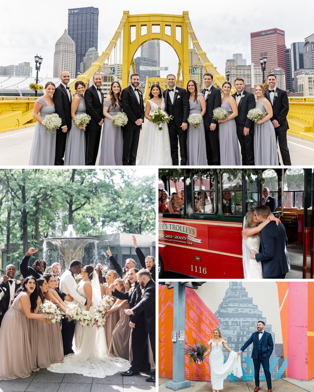 various brides and grooms posing with their wedding parties in The Westin Pittsburg and around the city
