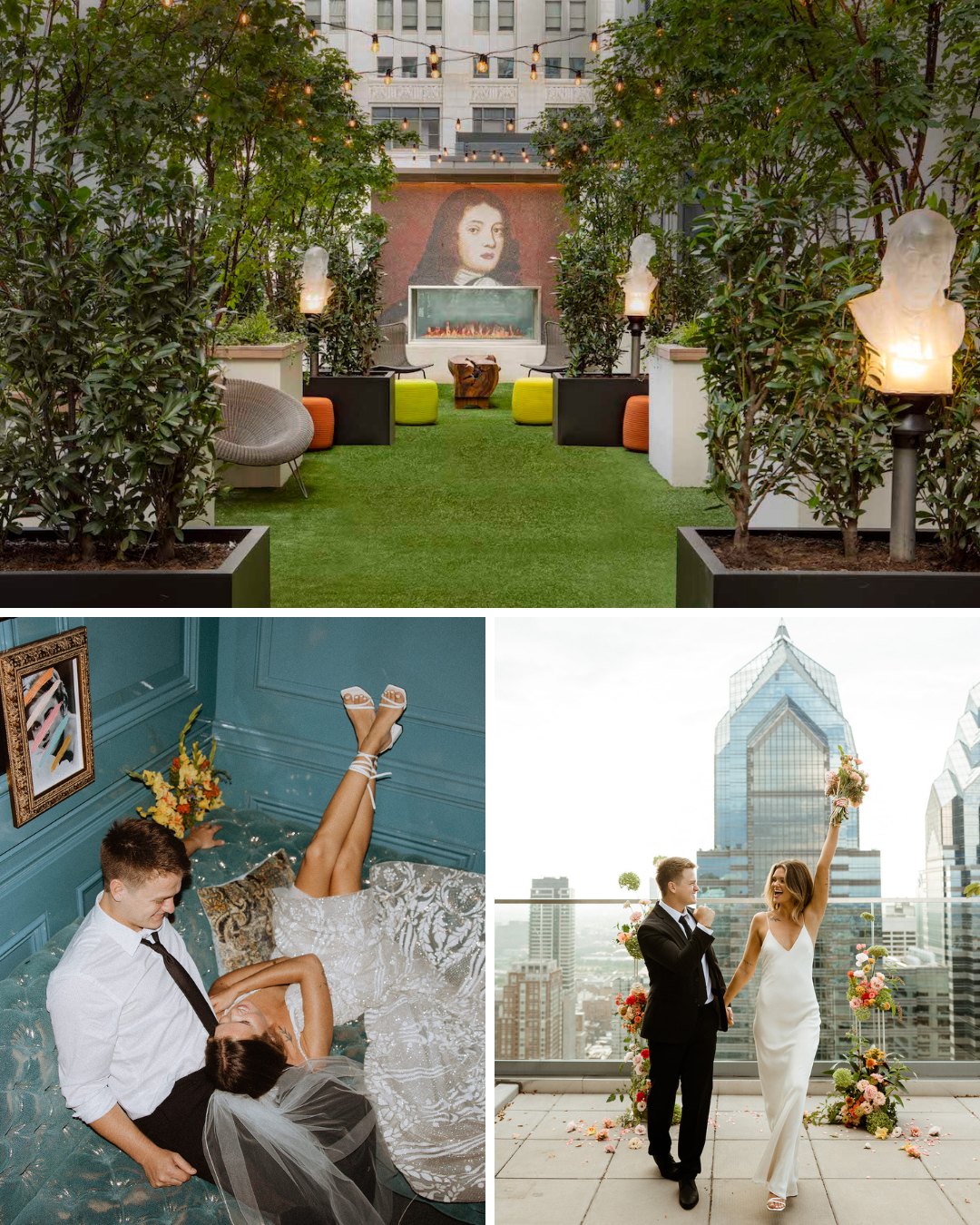 courtyard with quaint lights and Victorian tile art, couple snuggle on velvet blue couch, bride and groom celebrate overlooking Philadelphia 