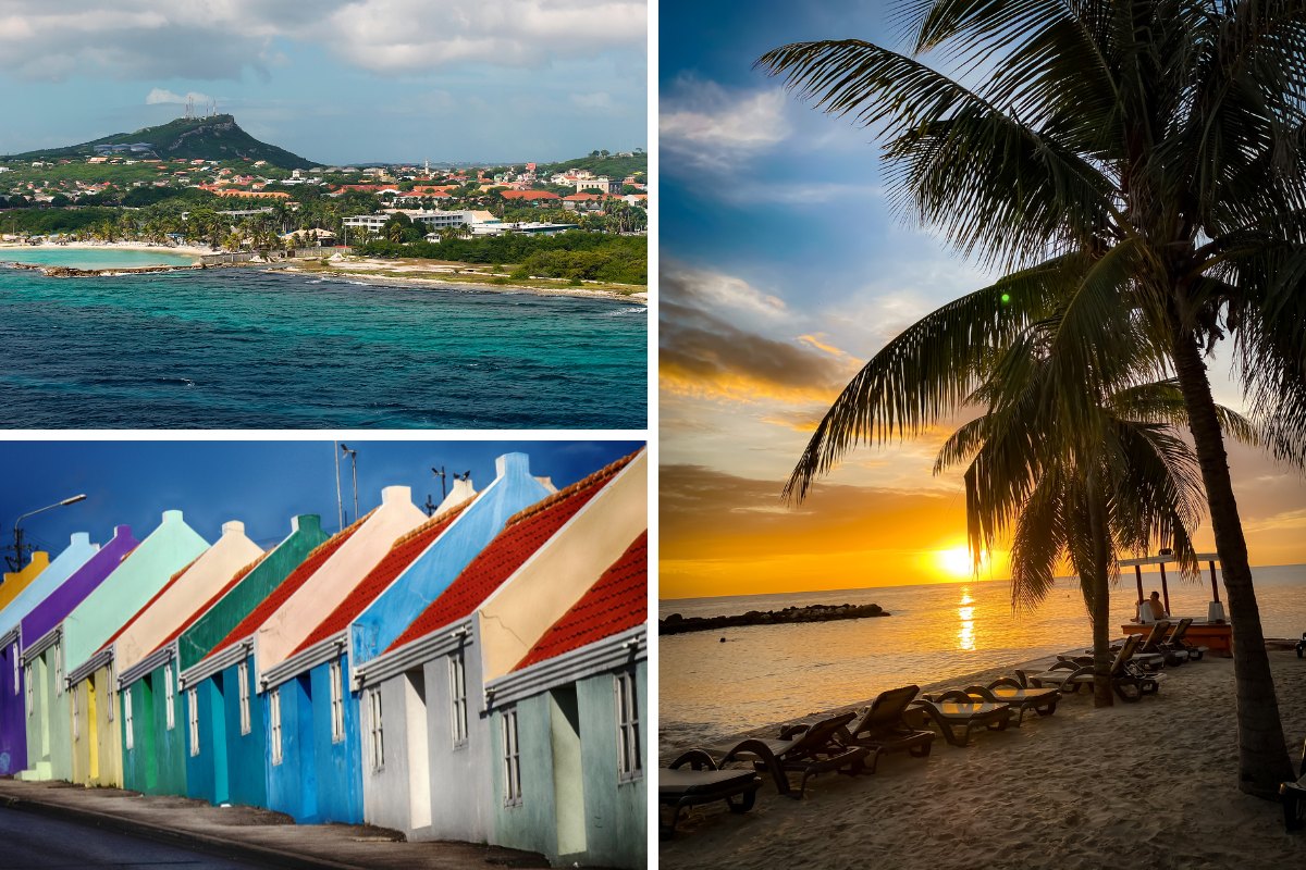 A collection of images including a vibrant beach scene, Curaçao’s colorful buildings, and a relaxing palm tree.