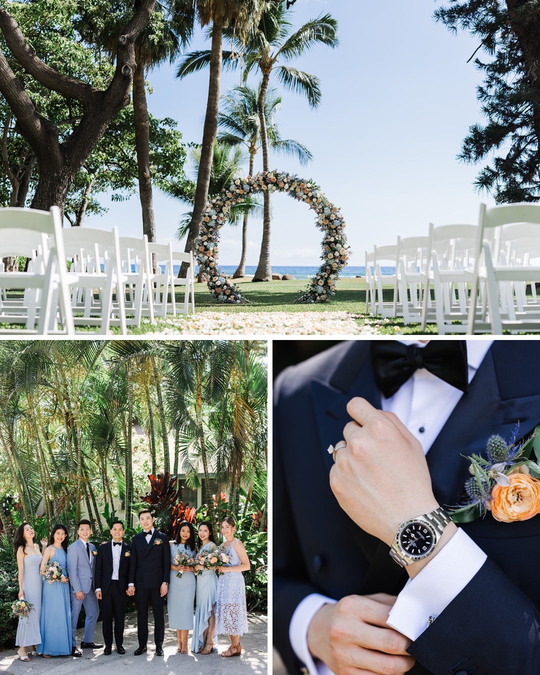circle floral arch with ocean background, grooms with their wedding party in black and blue attire, groom wearing boutonniere and watch 