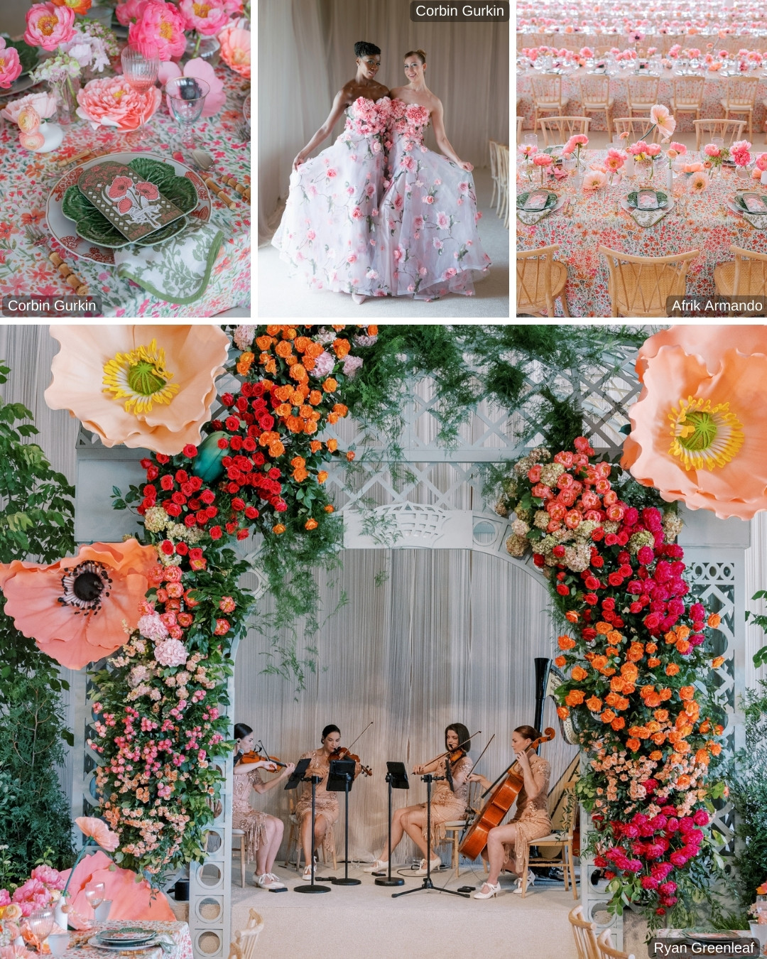 A lavish wedding setup with vibrant floral decorations. Top left: a close-up of a decorated table with pink flowers and a floral-patterned plate. Top right: two brides in floral dresses. Bottom: a floral archway and a string quartet under it.