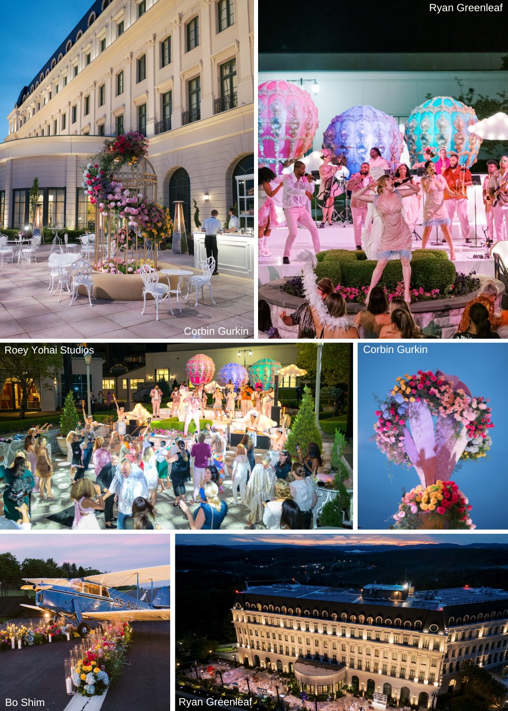 A collage from an extravagant outdoor event. It includes people dancing near a colorful stage, a cart with party decor, a plane adorned with flowers, a grand building with lights, and a garden setup with two planes and seated guests.