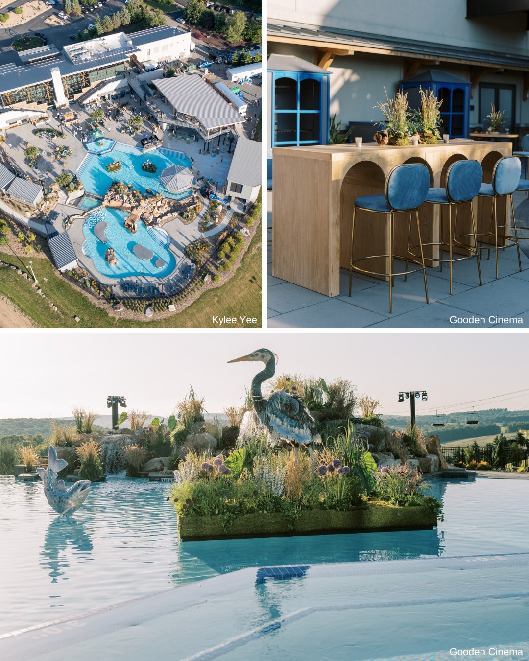 A collage shows an aerial view of a resort with a large twisting pool, a chic outdoor bar area with blue cushioned stools, and an infinity pool with bird sculptures and floating greenery in the foreground against a scenic landscape.