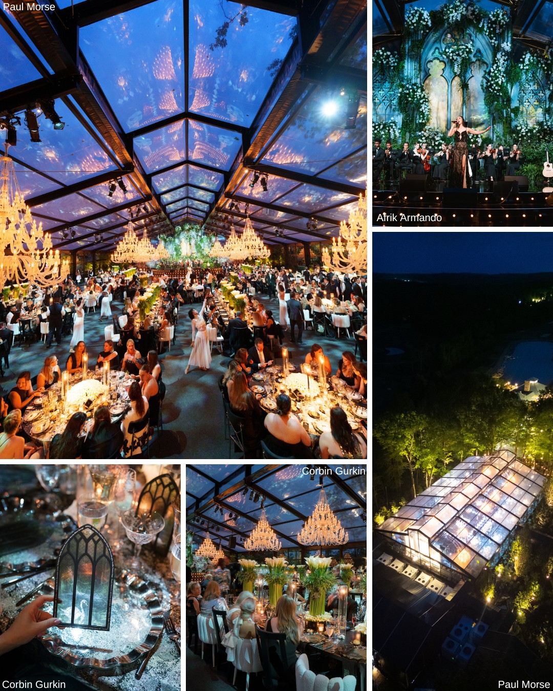 A collage of images depicting a lavish event under a glass roof. Attendees sit at ornately decorated tables with chandeliers and greenery. One image shows a band on stage. There's an aerial night view of the venue, emphasizing ambient lighting and the glass structure.