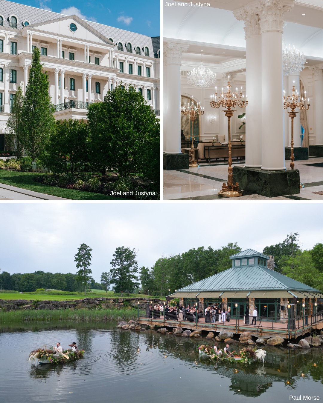 Three scenes: The top-left shows a grand building with white siding and a slate roof surrounded by greenery. The top-right features an ornate interior with columns and chandeliers. The bottom shows a pond with a dock, a small boat filled with people, and a gazebo.