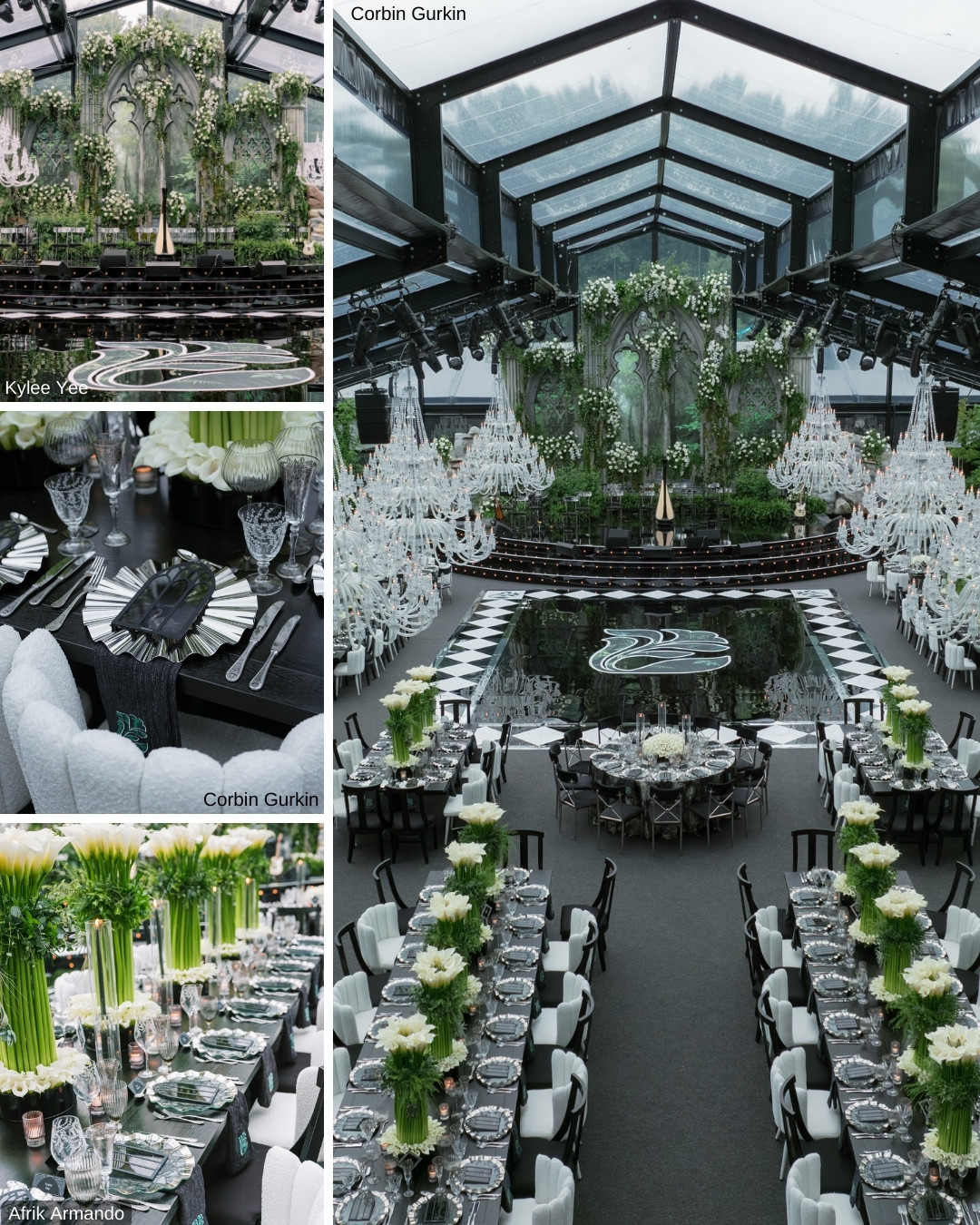 A luxurious banquet hall with a glass ceiling decorated with lush greenery and elegant chandeliers.