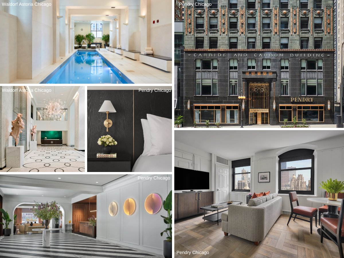 interior and exterior shots of Waldorf Astoria Chicago and Pendry Chicago
