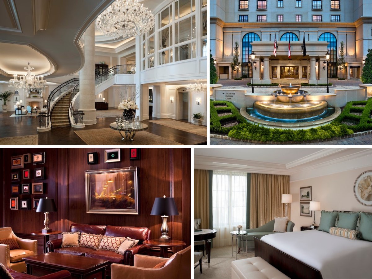 collage of St. Regis Atlanta front entrance, lobby, lounge and room
