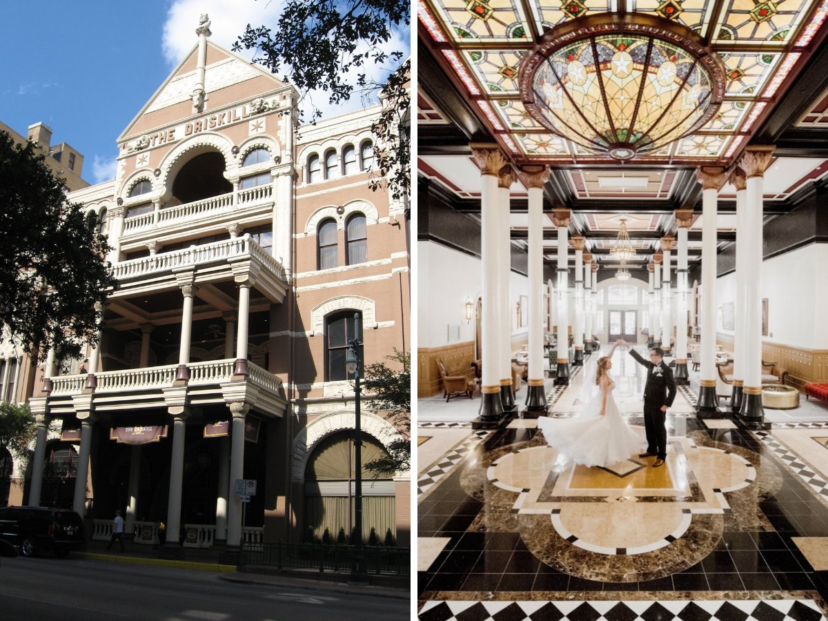 collage with front of The Driskill in Austin, Texas and groom spinning bride in main lobby