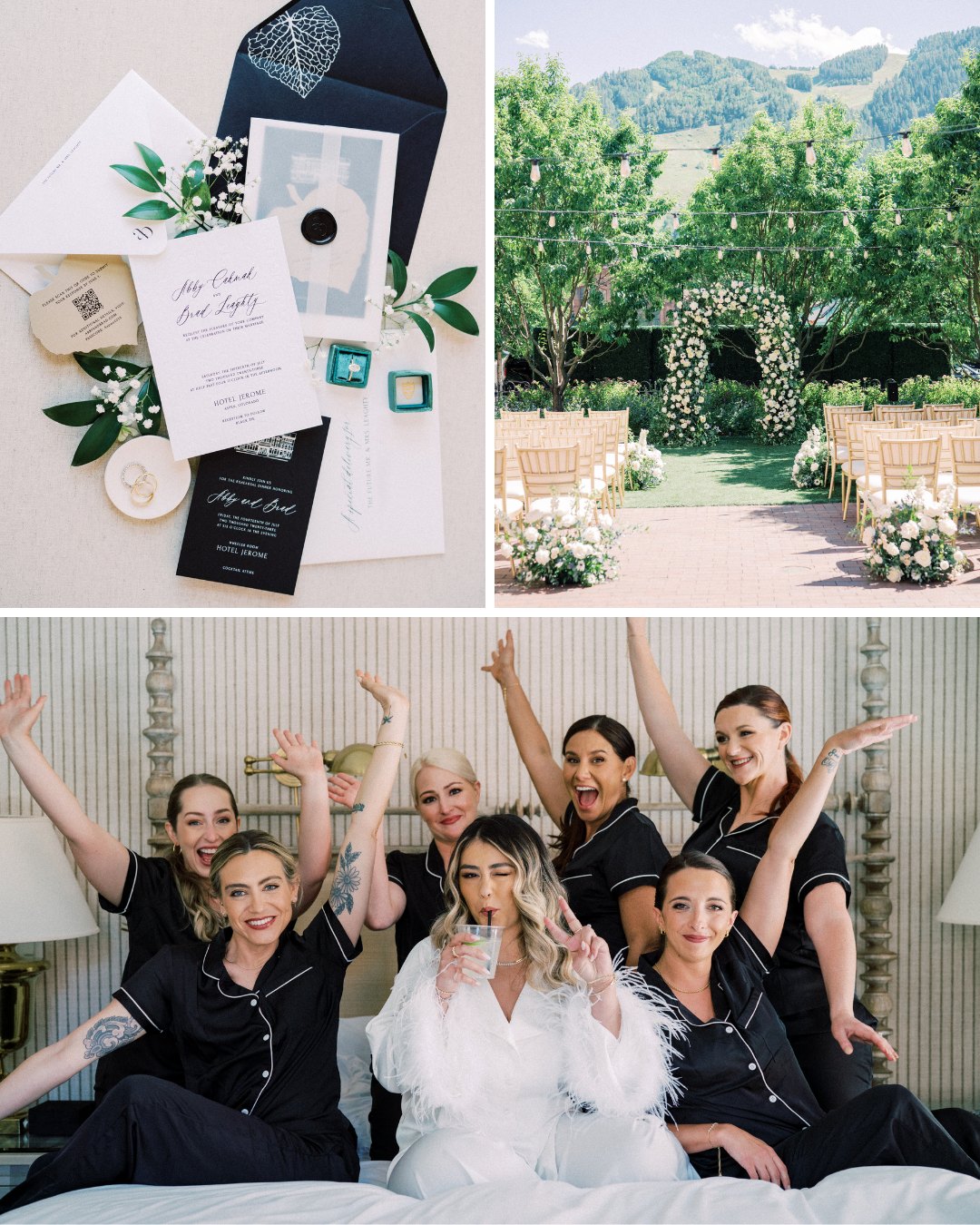 blue and black stationery suite, ceremony set up with white floral arch, bride in white robe with bridesmaids sitting on bed behind her in black robes