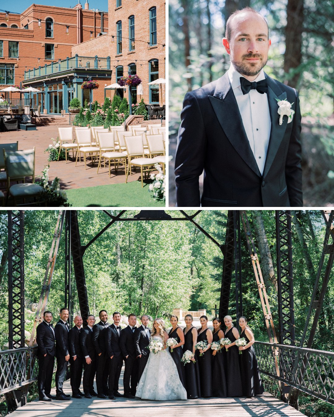 ceremony chairs with Hotel Jerome in the back, portrait of groom with bowtie, entire wedding party pose with couple on a bridge