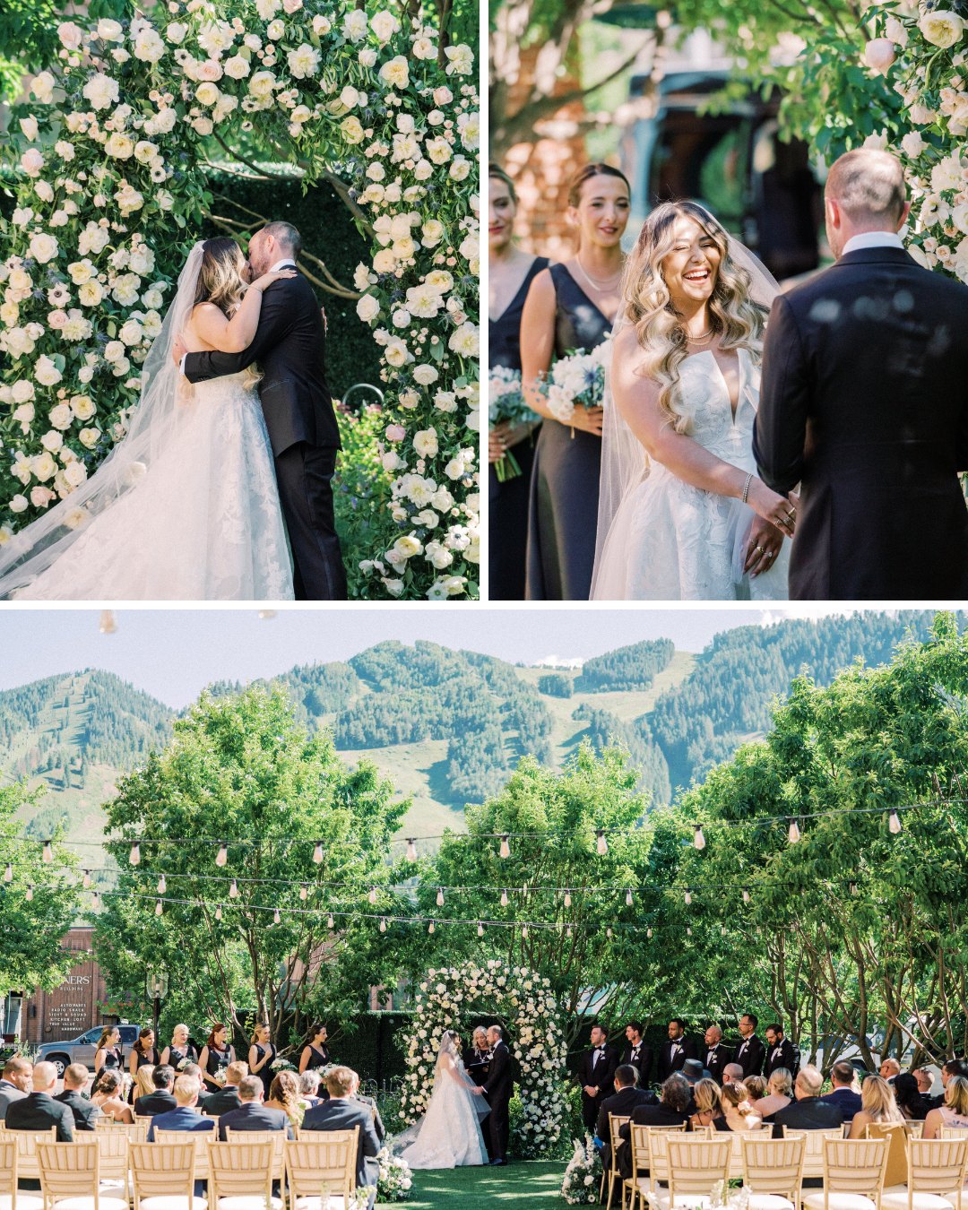 couple kisses at floral altar arch with white rose