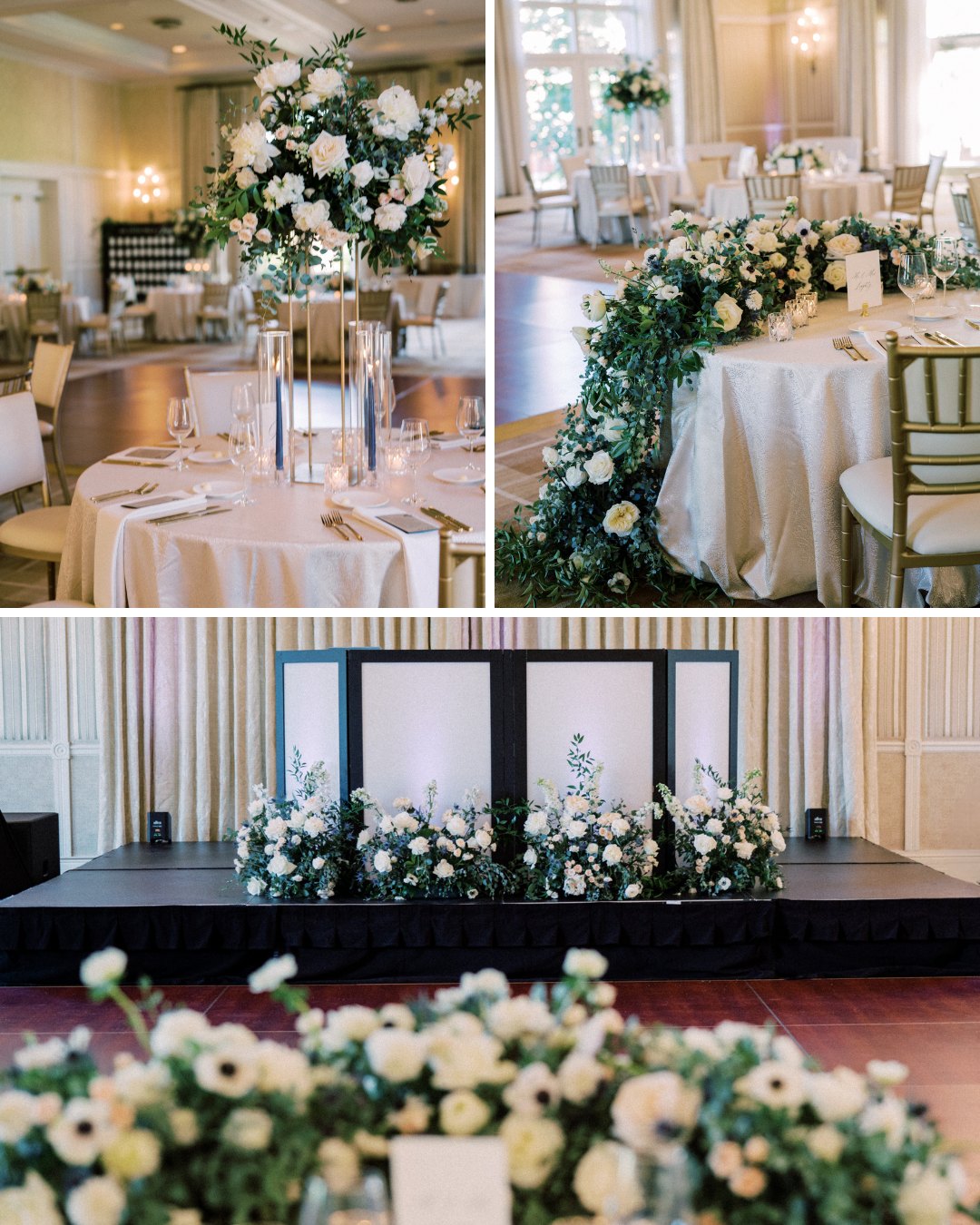 collage of wedding reception with white linens and greenery inside a ballroom