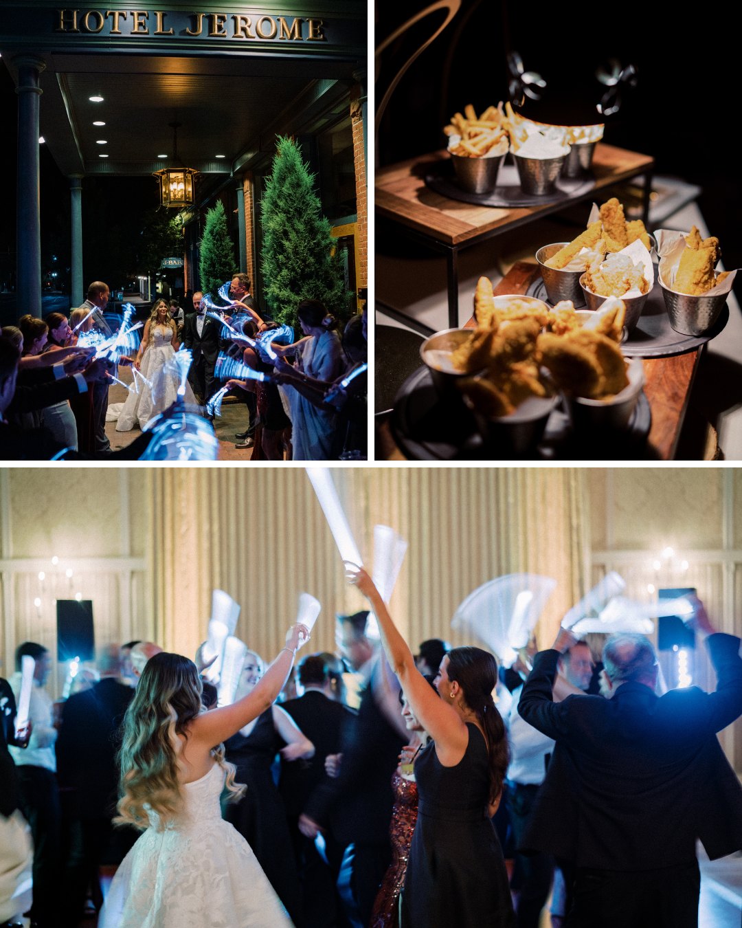 collage of wedding guests dancing with light wands, a fish and chips bar, and the couple receiving a send off