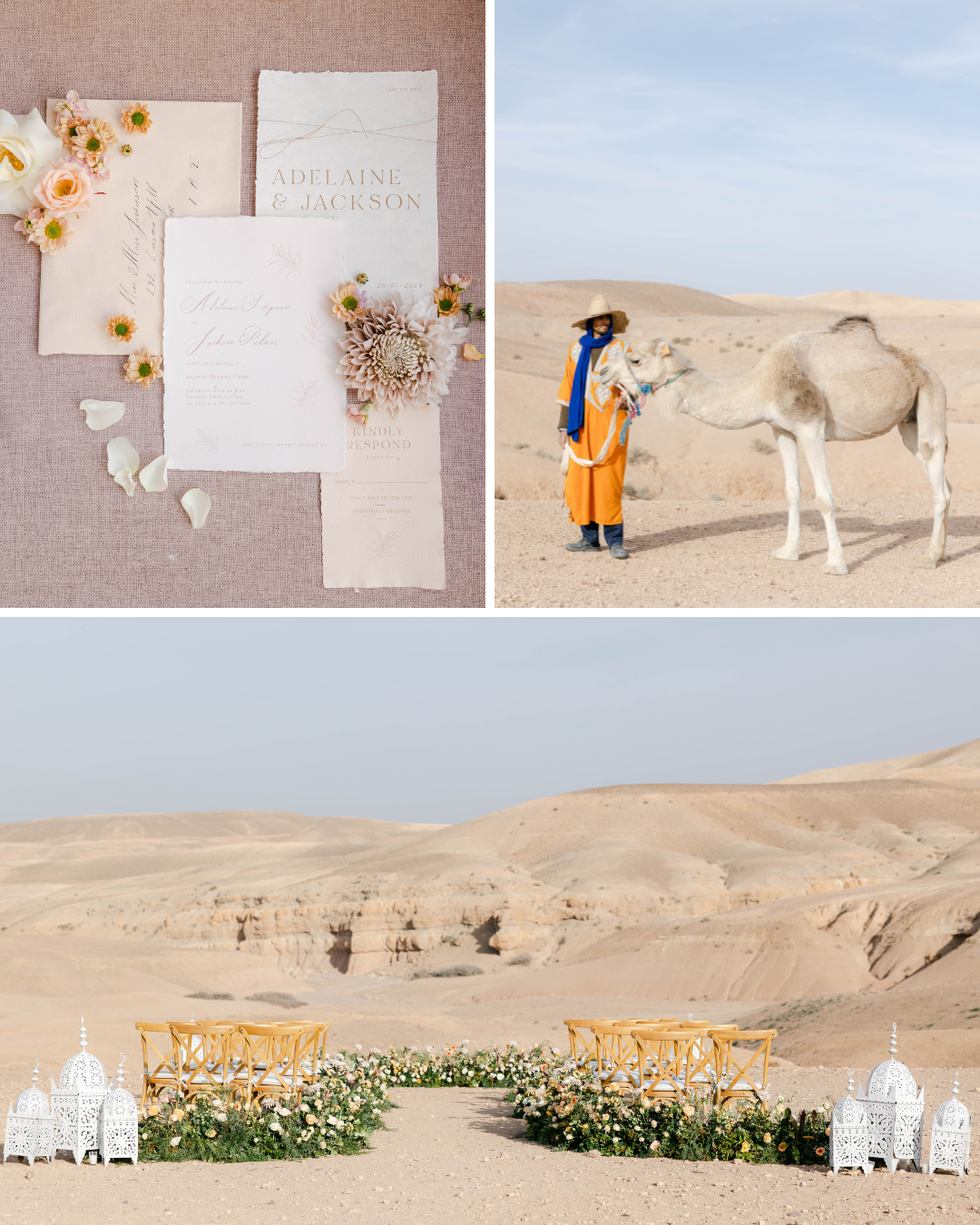 A collage with three images: top left shows wedding invitations for a Moroccan wedding with flowers, top right features a person in traditional attire with a camel in a desert, and bottom image displays a wedding ceremony setup with flowers and white archways in a desert landscape.