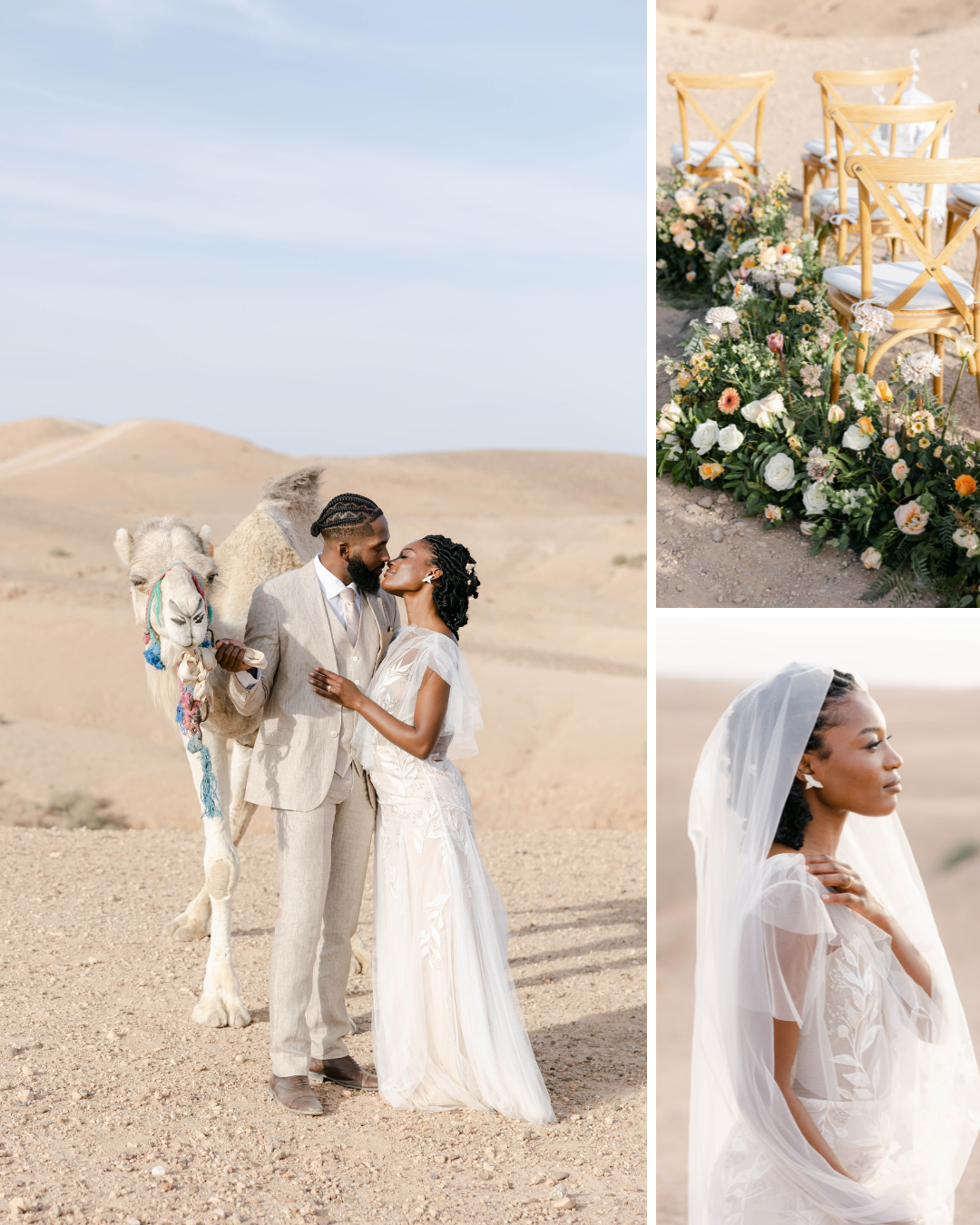 A newlywed couple shares a kiss in a desert setting with a camel nearby. The groom wears a light grey suit and the bride, in a sheer white dress. Beside this, an outdoor wedding setup with floral arrangements and chairs and a close-up of the bride in a veil are shown.