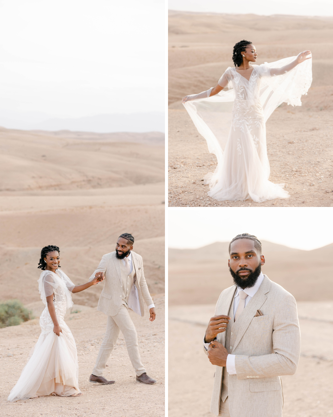 A woman and man, both in formal wedding attire, pose in a desert landscape. The woman wears a flowing, sheer white dress and the man a light grey suit. She twirls in her dress in one image, they walk hand-in-hand in another, and he adjusts his suit in a third.