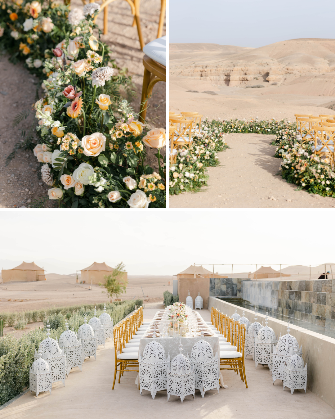 A wedding setup in a desert includes floral arrangements with yellow and white flowers lining the sandy path to the ceremony area with rows of yellow chairs. Nearby, a long outdoor dining table is set with ornate white chairs and tents visible in the background.