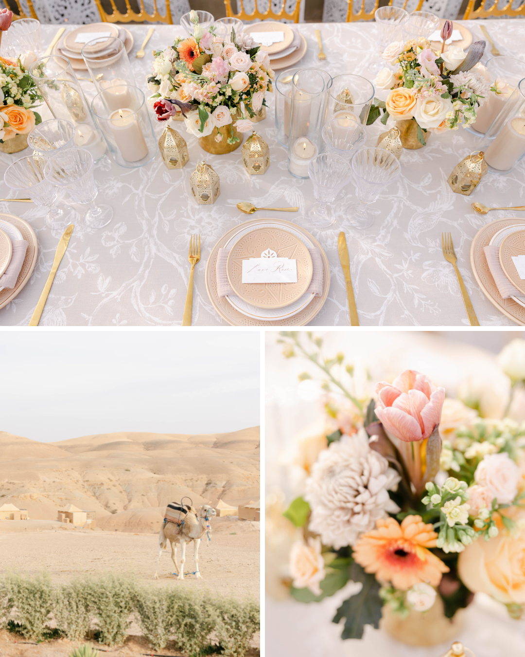 A collage features a beautifully set table with floral centerpieces and gold accents on a white tablecloth, a close-up of a vibrant flower arrangement, and a distant view of a camel in a desert landscape.