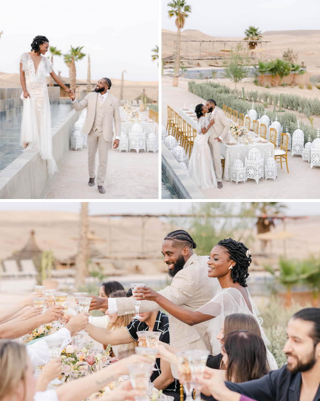 A wedding collage shows a couple in a desert oasis setting. The bride and groom are seen walking hand in hand along a pool, sharing a kiss by a decorated table with white chairs, and toasting with their guests at a long dining table adorned with flowers.