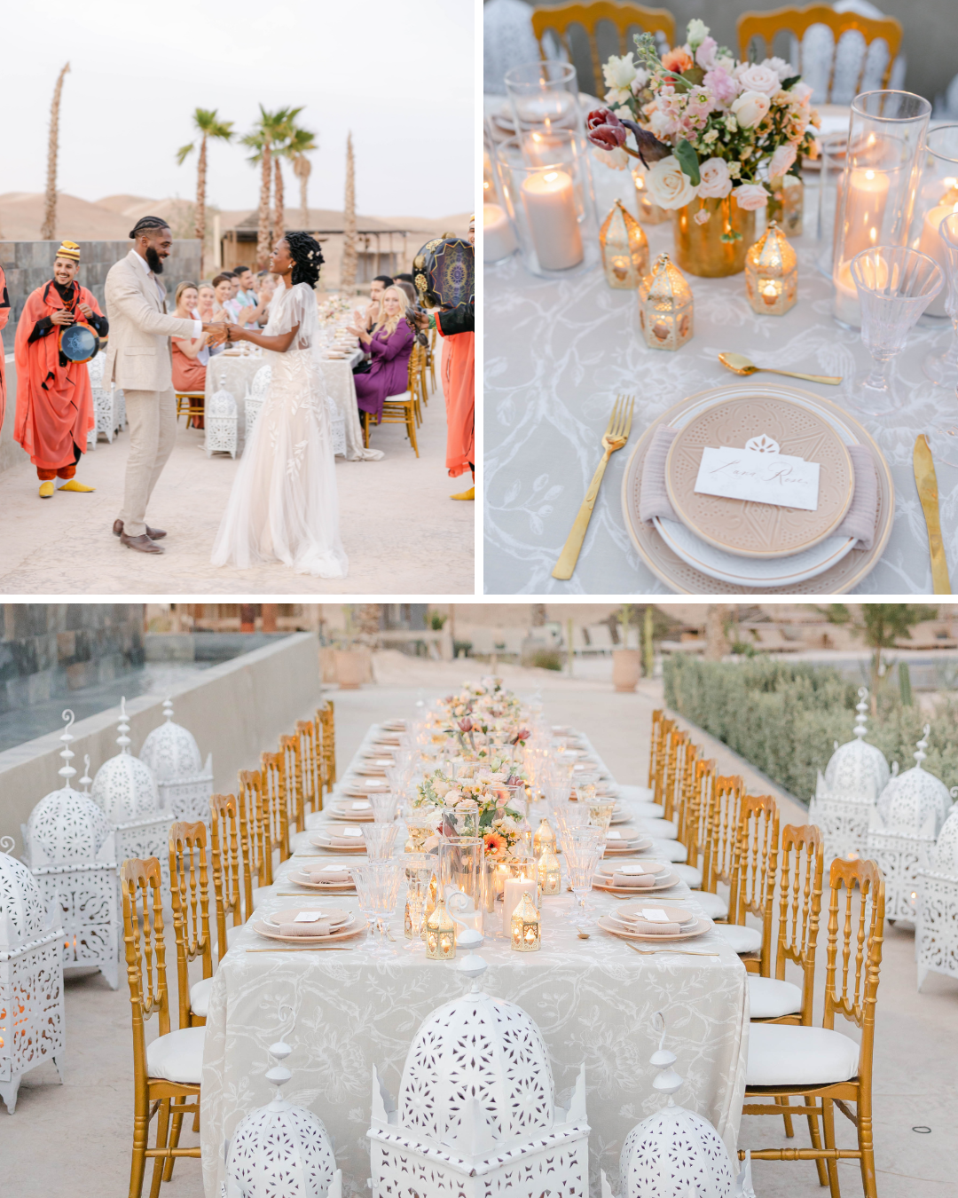 Collage of three wedding scenes: a couple dancing outdoors with guests in colorful attire, a close-up of a table setting with floral centerpiece and candles, and a long table adorned with white tablecloth, floral arrangements, lanterns, and golden chairs.