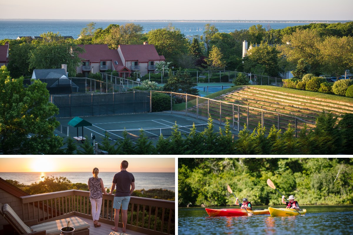 Top image: Scenic view of a coastal residential area, with tennis courts and lush greenery. Bottom left: Two people standing on a balcony overlooking the ocean at sunset. Bottom right: Two people kayaking on a river.