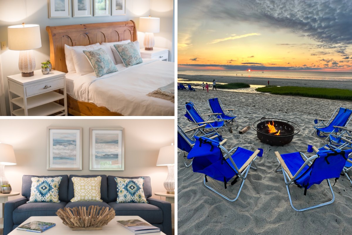 A collage featuring a bedroom, a living room, and a beach scene with a fire pit and chairs. The bedroom and living room have beach-themed decor; the beach scene is at sunset.