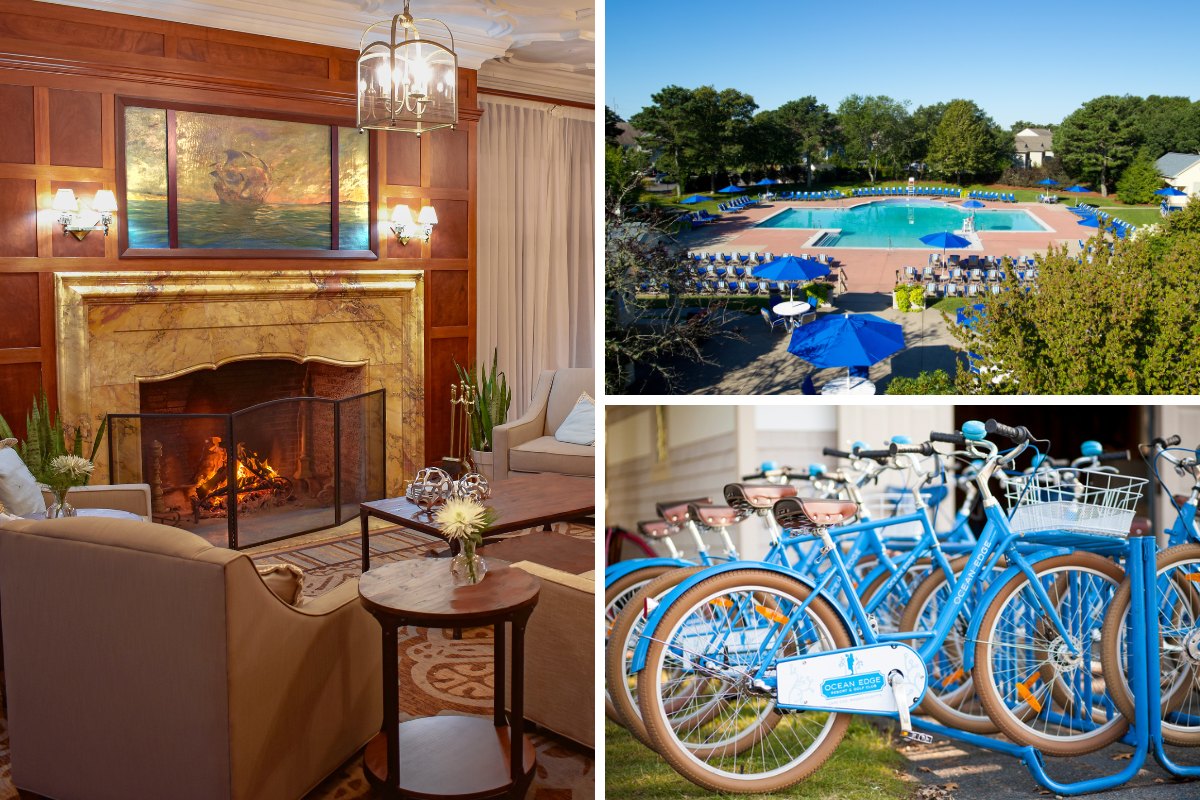 A cozy living room with a fireplace and plush seating on the left. On the top right, a large outdoor pool area with blue umbrellas and lounge chairs. On the bottom right, a row of blue bicycles ready to be rented from the Ocean Edge Resort and Golf Club.