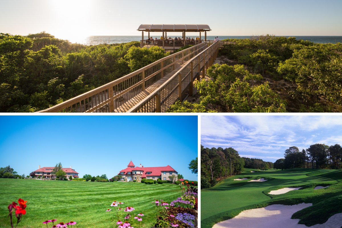 A scenic collage with three images: the top image shows a wooden path leading to a pavilion over a lush green landscape under a bright sky; the bottom left image features a lawn and flower beds with red-roofed buildings; the bottom right image depicts a manicured golf course.