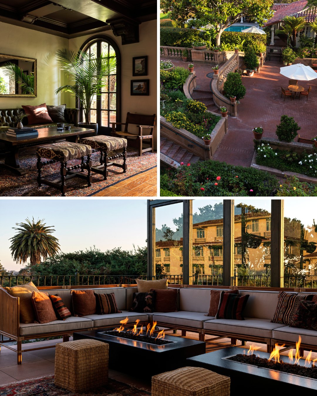 A collage of three images showing a living room, patio, and garden. The living room has a fireplace with a fire burning inside. There is a couch and armchair facing the fireplace. The patio has a fire pit and comfortable seating. There are palm trees in the background. The garden has lush greenery and flowers.