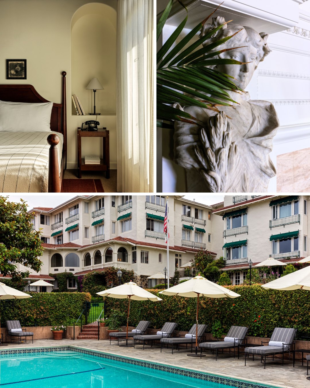 A collage of three images showing a hotel room, swimming pool, and a statue. The hotel room image shows a plush king-size bed with white linens and blue pillows. There are nightstands on either side of the bed with lamps. The swimming pool image shows a clear blue pool with lounge chairs and palm trees surrounding it. The statue image shows a white statue on a fireplace mantel.