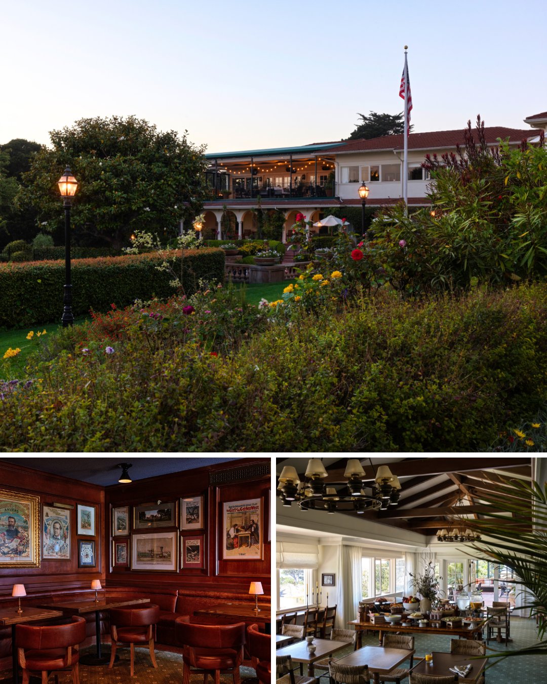 An image collage of a historic two story building with front garden, a pub-style restaurant with framed photos on the walls, an event hall lined with windows and wooden beams. 