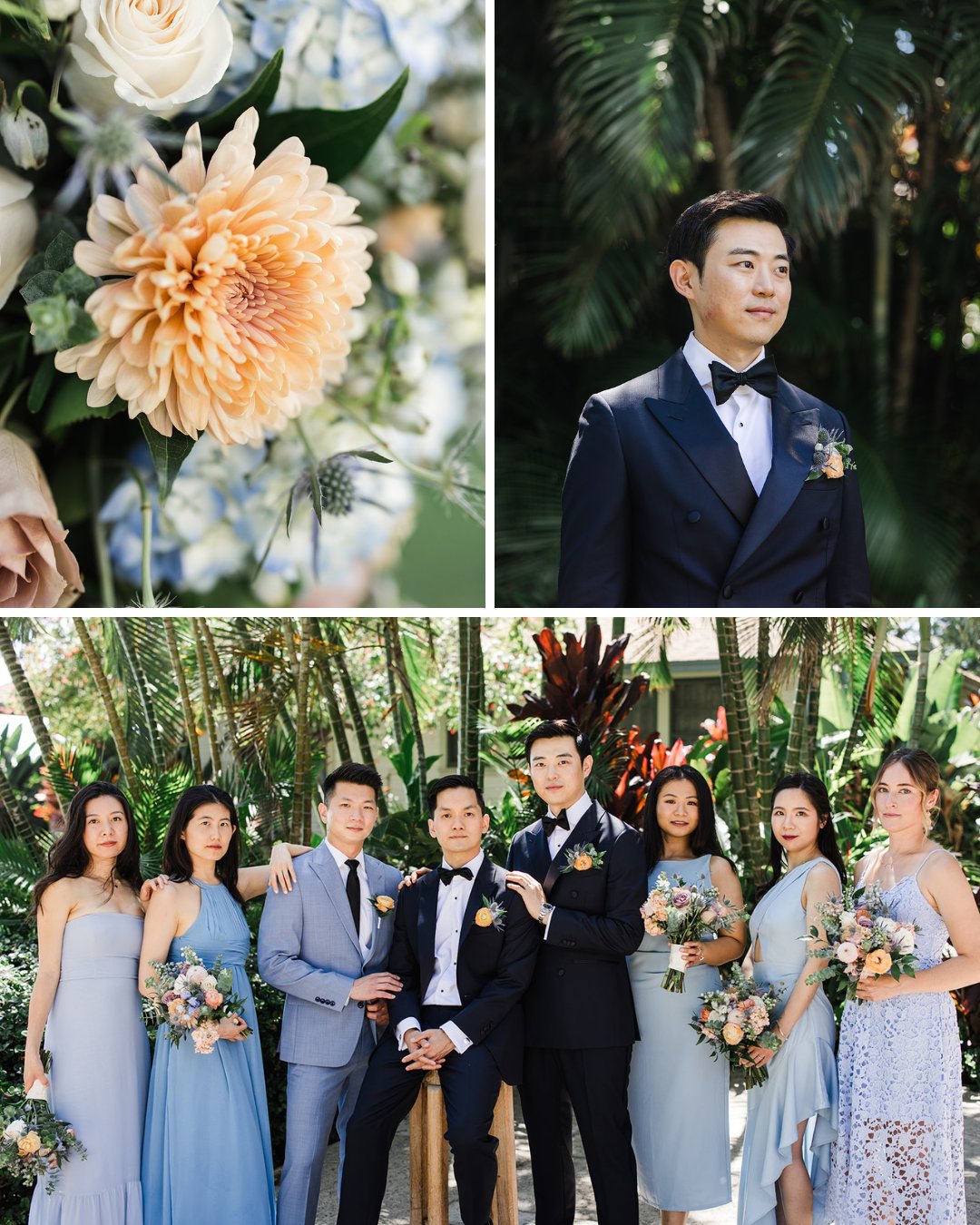 pink flower, groom posing in front of tropical trees, wedding party poses with florals