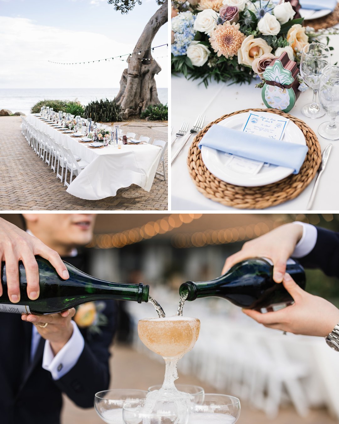 long white reception table oceanside, table setting with woven charger and blue linen, grooms pouring champagne into glass tower
